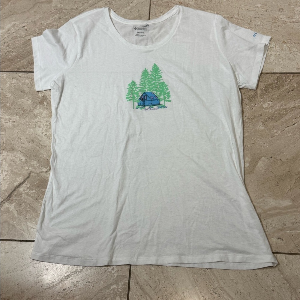 Columbia women's White T-Shirt with Green and Blue Tent Graphic size XXL
